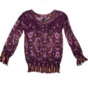 Cynthia Rowley Boho Paisley Print Smocked Waist Long Sleeve Blouse Top L